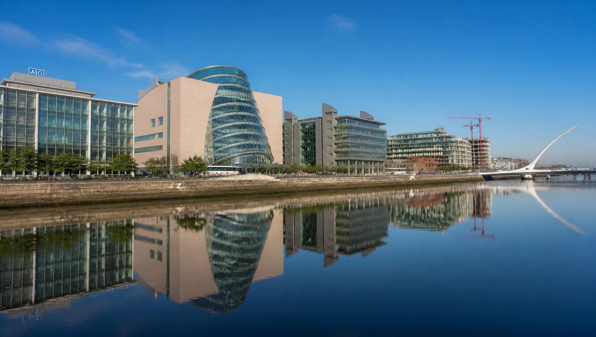 Dublin docklands skyline reflected in the River Liffey