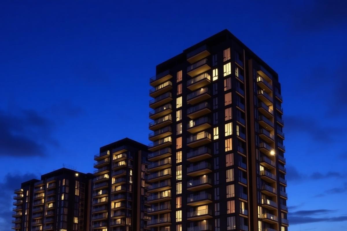 Modern residential apartment towers at dusk